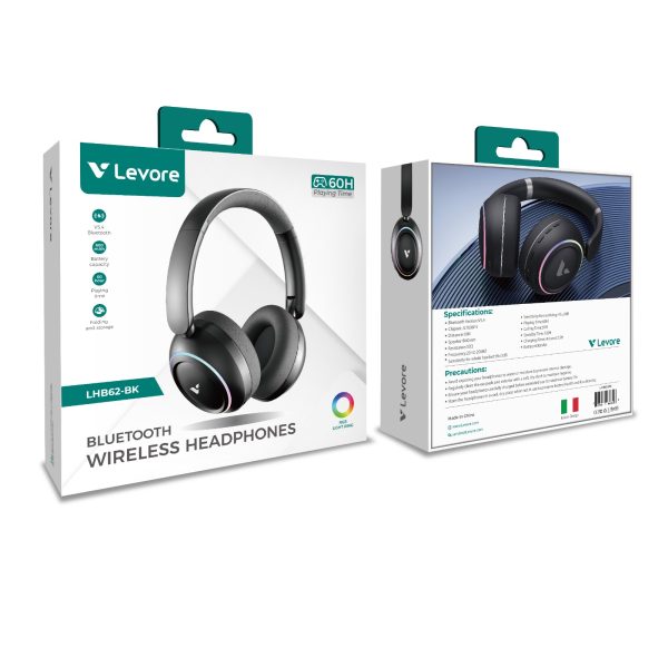 Foldable Levore LHB62 wireless gaming headphones showing 60-hour playtime and V5.4 Bluetooth features.
