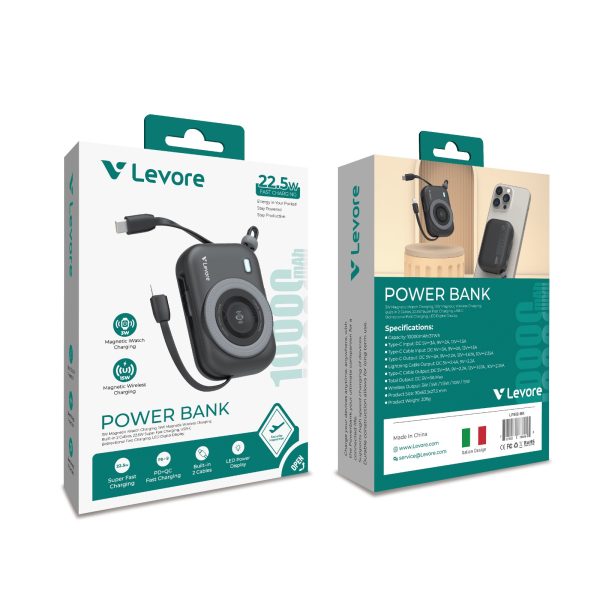 Compact black Levore portable charger showing LED display and magnetic charging pad for smartphones.