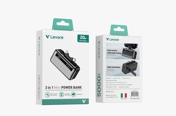 Portable Levore power bank showing LED battery percentage and integrated charging plugs for iPhone and Android.