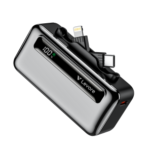 Levore LP611 5000mAh mini power bank with built-in USB-C and Lightning connectors and a folding stand.