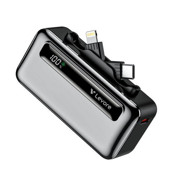Levore LP611 5000mAh mini power bank with built-in USB-C and Lightning connectors and a folding stand.