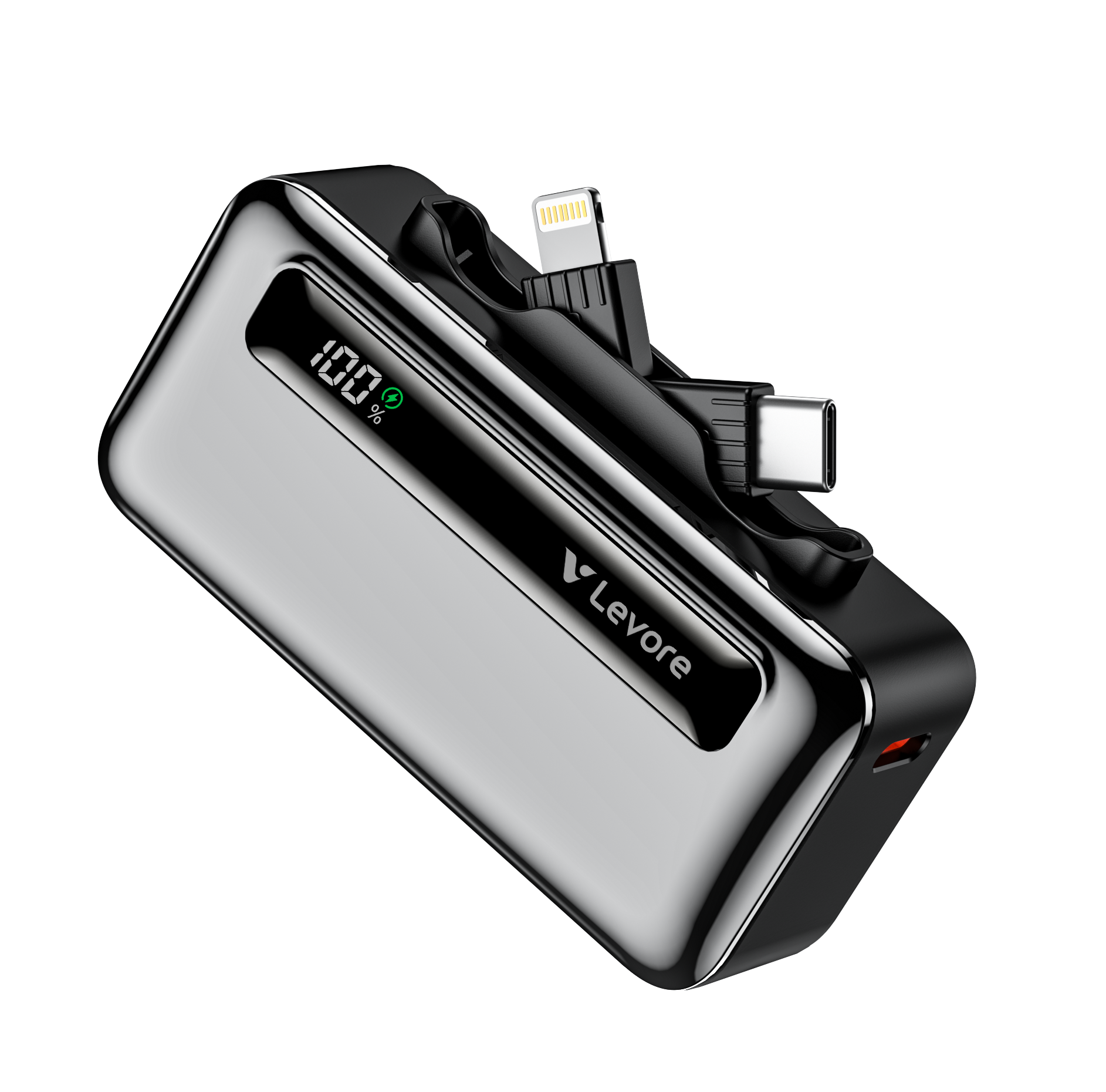 Levore LP611 5000mAh mini power bank with built-in USB-C and Lightning connectors and a folding stand.
