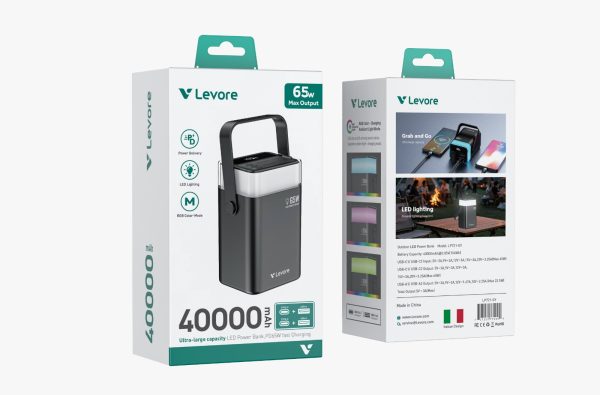 High-capacity black Levore power bank with carry handle, LED display, and multiple charging ports.