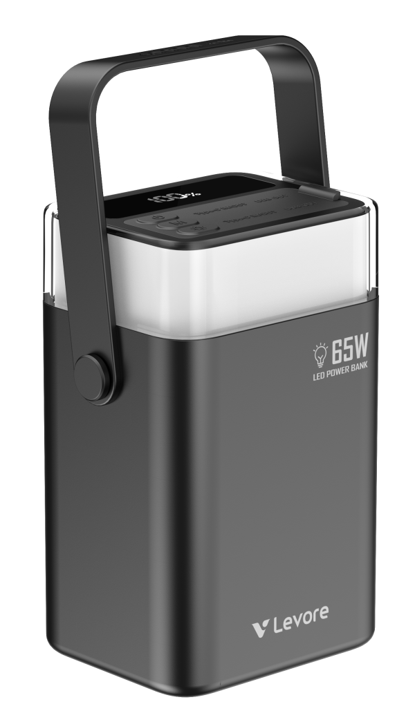 Levore LP721 40000mAh ultra-large power bank with 65W PD output and RGB lighting for laptops and smartphones.