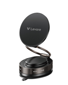 Levore LS62 magnetic car phone holder with vacuum suction twist-lock and N52 magnet on dashboard.