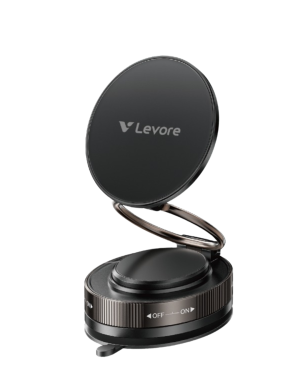 Levore LS62 magnetic car phone holder with vacuum suction twist-lock and N52 magnet on dashboard.